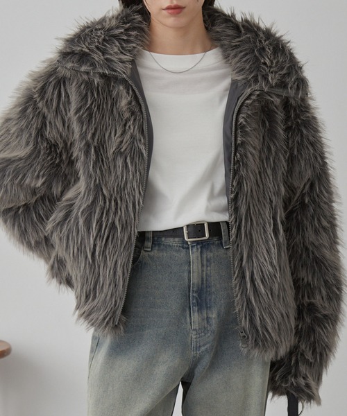 nui nullu】スタンドカラーボリュームファーショートブルゾン