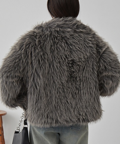 nuinullu スタンドカラーボリュームファーショートブルゾン グレー nui nullu】スタンドカラーボリュームファーショートブルゾン