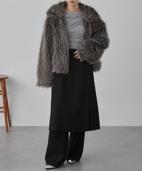 nui nullu】スタンドカラーボリュームファーショートブルゾン