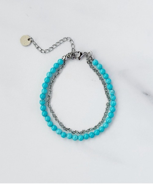 珍品 リンク カレンシルバー ＆ 無染色 ターコイズ 2連 ブレス