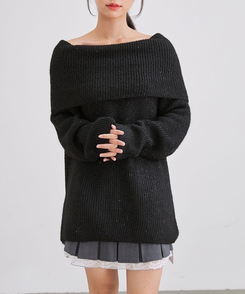Lace Ladies(レースレディース)の「スパンコール オフショル オーバーサイズ ニット プルオーバー(ニット/セーター・レディース・アイボリー/ブラック/グレー/ブラウン・FREE)」の1枚目の写真