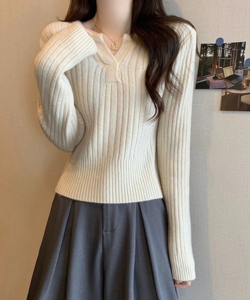 Miniministore(ミニミニストア)の「リブニット トップス きれいめ 長袖(ニット/セーター・レディース・ダークグレー/ブルー/ブラック/アイボリー/モカ・FREE)」の2枚目の写真