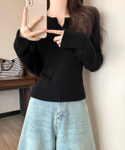 Miniministore(ミニミニストア)の「リブニット トップス きれいめ 長袖(ニット/セーター・レディース・ダークグレー/ブルー/ブラック/アイボリー/モカ・FREE)」の12枚目の写真