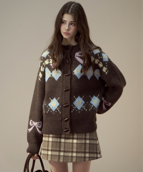 リボンアーガイルニットカーディガン SP25a010【SunsetPark】【2025AW】