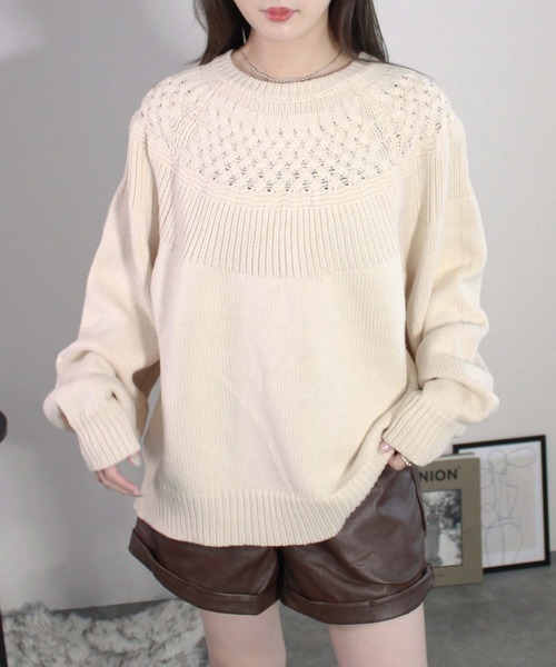 セール】オーバーケーブル編みニット / 長袖 クルーネック シンプル