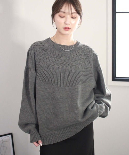 オーバーケーブル編みニット / 長袖 クルーネック シンプル カジュアル