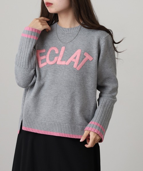 EGLANTINE(エグランティーヌ)の「EGLANTINE 配色ロゴ刺繍 袖リブニット(ニット/セーター・レディース・チャコールグレー/グレー/ブルー・38)」の6枚目の写真