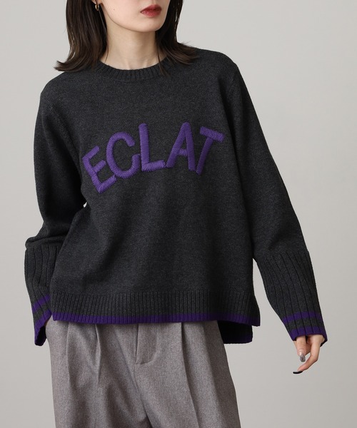EGLANTINE(エグランティーヌ)の「EGLANTINE 配色ロゴ刺繍 袖リブニット(ニット/セーター・レディース・チャコールグレー/グレー/ブルー・38)」の13枚目の写真
