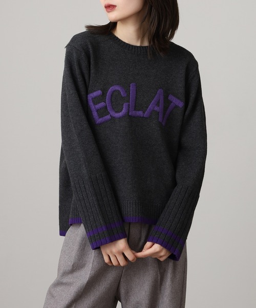 EGLANTINE(エグランティーヌ)の「EGLANTINE 配色ロゴ刺繍 袖リブニット(ニット/セーター・レディース・チャコールグレー/グレー/ブルー・38)」の14枚目の写真