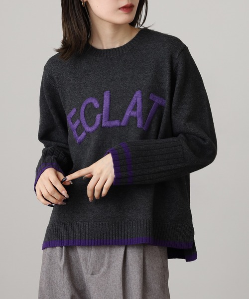 EGLANTINE(エグランティーヌ)の「EGLANTINE 配色ロゴ刺繍 袖リブニット(ニット/セーター・レディース・チャコールグレー/グレー/ブルー・38)」の12枚目の写真