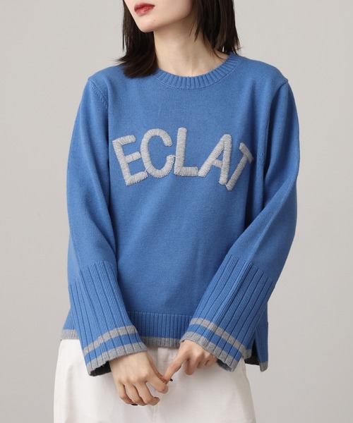 EGLANTINE(エグランティーヌ)の「EGLANTINE 配色ロゴ刺繍 袖リブニット(ニット/セーター・レディース・チャコールグレー/グレー/ブルー・38)」の8枚目の写真