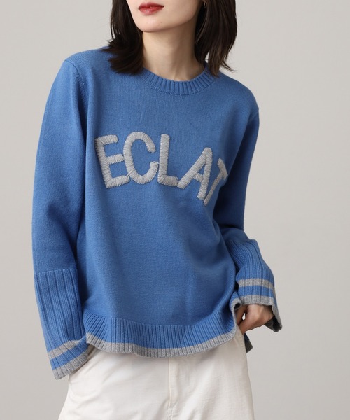 EGLANTINE(エグランティーヌ)の「EGLANTINE 配色ロゴ刺繍 袖リブニット(ニット/セーター・レディース・チャコールグレー/グレー/ブルー・38)」の9枚目の写真