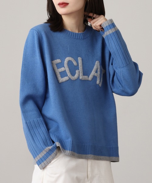 EGLANTINE(エグランティーヌ)の「EGLANTINE 配色ロゴ刺繍 袖リブニット(ニット/セーター・レディース・チャコールグレー/グレー/ブルー・38)」の10枚目の写真