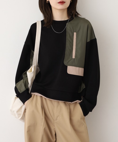 A.N.L(エーエヌエル レーベル)の「A.N.L 異素材切替ダンボールプルオーバー(Tシャツ/カットソー・レディース・ブラック/モカ/ネイビー・38)」の3枚目の写真