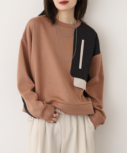A.N.L(エーエヌエル レーベル)の「A.N.L 異素材切替ダンボールプルオーバー(Tシャツ/カットソー・レディース・ブラック/モカ/ネイビー・38)」の1枚目の写真