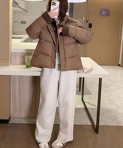 ウエスト調節可能 ワンピース 新品 秋冬 中綿 ジャケット　ベージュ サイズL セール】ウエストマークBIG衿中綿ジャケット（その他アウター