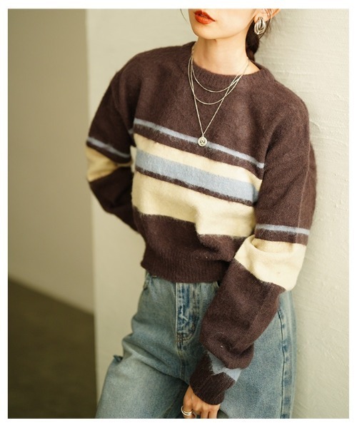 Sawa a la mode(サワアラモード)の「マルチボーダー起毛ニットセーター(ニット/セーター・レディース・チャコールグレー/ブラウン・FREE)」の5枚目の写真