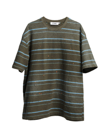 CORD（コード）の「アーティファクトダメージドストライプT_オリーブ（Tシャツ/カットソー）」