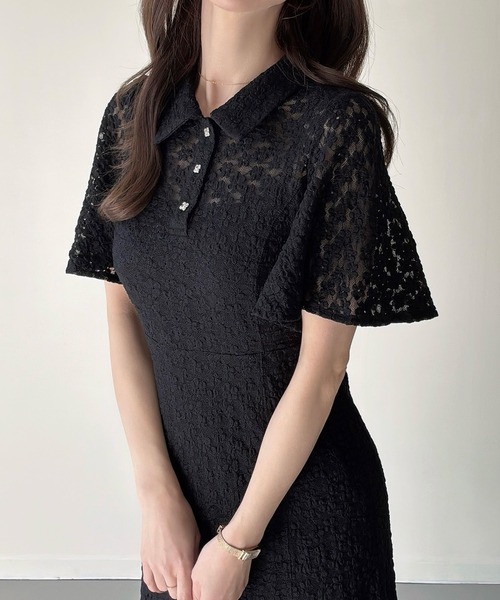 Meiru(メイル)の「カットレースビジューポロワンピース(ペチワンピースセット)(ワンピース・レディース・ブラック/アイボリー/ブラウン・SMALL/MEDIUM/LARGE)」の2枚目の写真