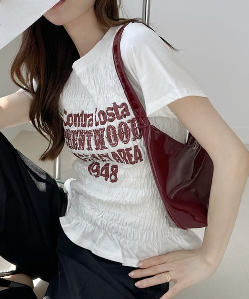 Ada.（エイダ）の「シャーリング 半袖 ロゴＴシャツ（Tシャツ/カットソー・レディース・ブラック/オフホワイト/ブルー/オートミール・FREE）」の11枚目の写真