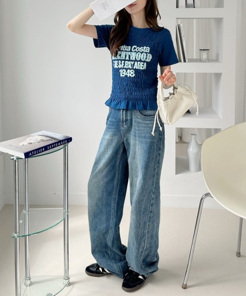 Ada.（エイダ）の「シャーリング 半袖 ロゴＴシャツ（Tシャツ/カットソー・レディース・ブラック/オフホワイト/ブルー/オートミール・FREE）」の22枚目の写真