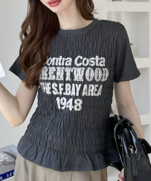 Ada.（エイダ）の「シャーリング 半袖 ロゴＴシャツ（Tシャツ/カットソー・レディース・ブラック/オフホワイト/ブルー/オートミール・FREE）」の7枚目の写真
