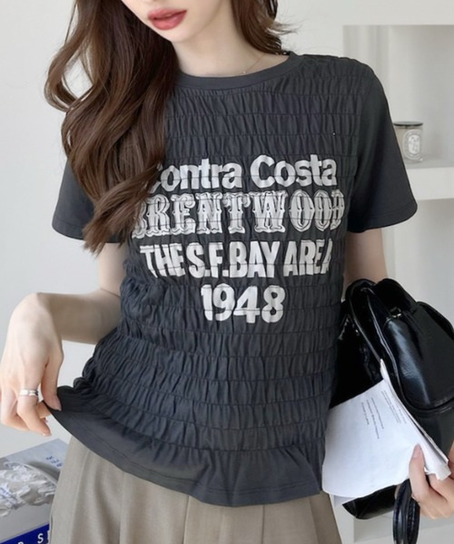 Ada.（エイダ）の「シャーリング 半袖 ロゴＴシャツ（Tシャツ/カットソー・レディース・ブラック/オフホワイト/ブルー/オートミール・FREE）」の9枚目の写真