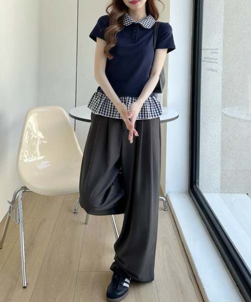 Ada.(エイダ)の「衿付きギンガムチェックレイヤード 半袖ポロシャツ(ポロシャツ・レディース・ブラック/グレー/ネイビー・FREE)」の9枚目の写真