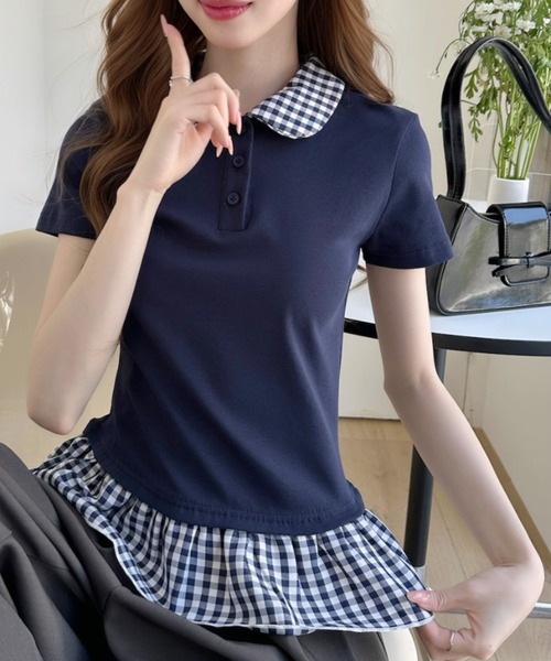 Ada.(エイダ)の「衿付きギンガムチェックレイヤード 半袖ポロシャツ(ポロシャツ・レディース・ブラック/グレー/ネイビー・FREE)」の8枚目の写真