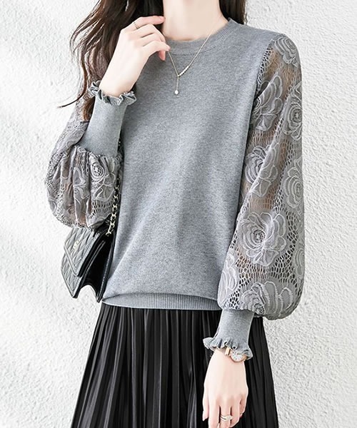 Pittok(ピットク)の「ふんわりフラワーレース袖 春秋ニットトップス(ニット/セーター・レディース・ブラック/ホワイト/グレー・MEDIUM)」の7枚目の写真