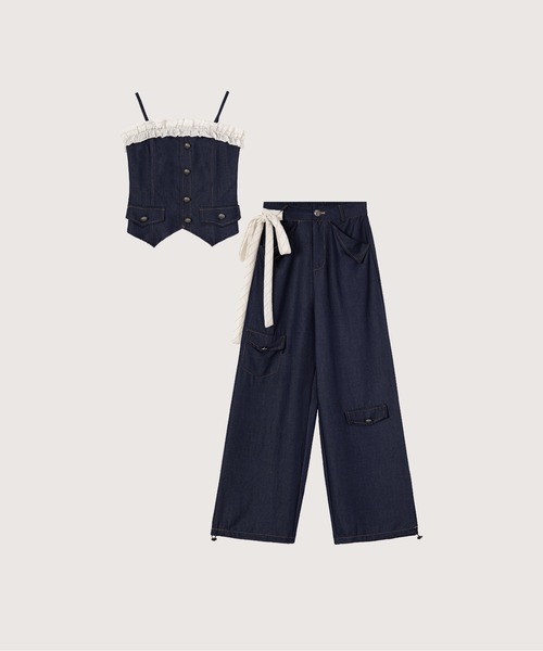 LA POMME petit(ラポミ・プチ)の「Frill Design Denim Cami Set Up(セットアップ・レディース・ブルー・SMALL/MEDIUM/LARGE)」の1枚目の写真