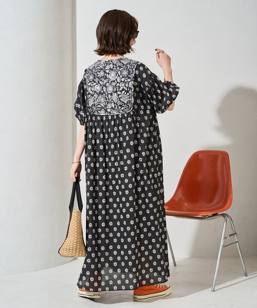 セール】限定展開 インド 花柄 フロント 切り替え ワンピース
