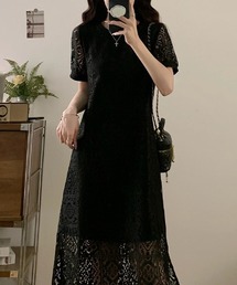 ラウンドネック 半袖 レース編み 透かし柄 ストレートシルエット スリット入り ミモレ丈 ワンピース
