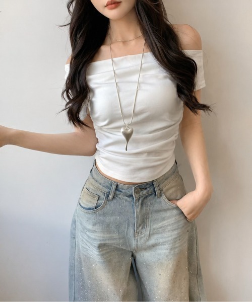 LADY LIKE(レディライク)の「【春夏新作】2WAY胸元ドレープサイドギャザー入り半袖カットソートップス Tシャツ(Tシャツ/カットソー・レディース・ホワイト/ブラック/グレー・M/S/L)」の7枚目の写真
