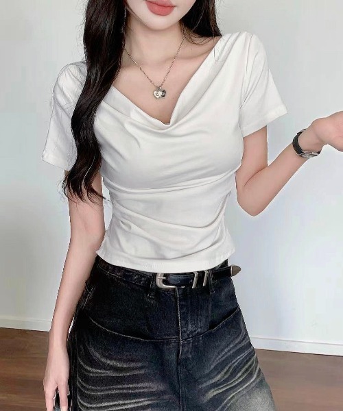 LADY LIKE(レディライク)の「【春夏新作】2WAY胸元ドレープサイドギャザー入り半袖カットソートップス Tシャツ(Tシャツ/カットソー・レディース・ホワイト/ブラック/グレー・M/S/L)」の20枚目の写真