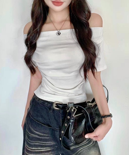 LADY LIKE(レディライク)の「【春夏新作】2WAY胸元ドレープサイドギャザー入り半袖カットソートップス Tシャツ(Tシャツ/カットソー・レディース・ホワイト/ブラック/グレー・M/S/L)」の18枚目の写真