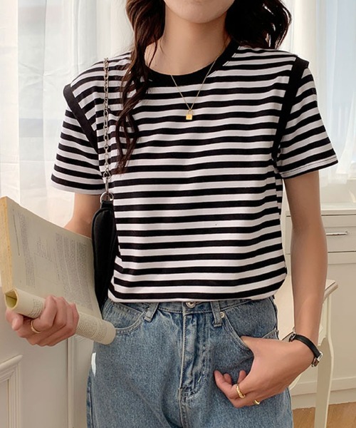 2ly2(トゥーリートゥー)の「ボーダーTシャツ レディース 半袖 ゆったり カットソー シンプル(Tシャツ/カットソー・レディース・ブラック/パープル・FREE)」の17枚目の写真