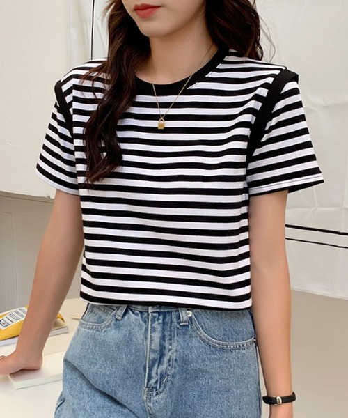 2ly2(トゥーリートゥー)の「ボーダーTシャツ レディース 半袖 ゆったり カットソー シンプル(Tシャツ/カットソー・レディース・ブラック/パープル・FREE)」の19枚目の写真