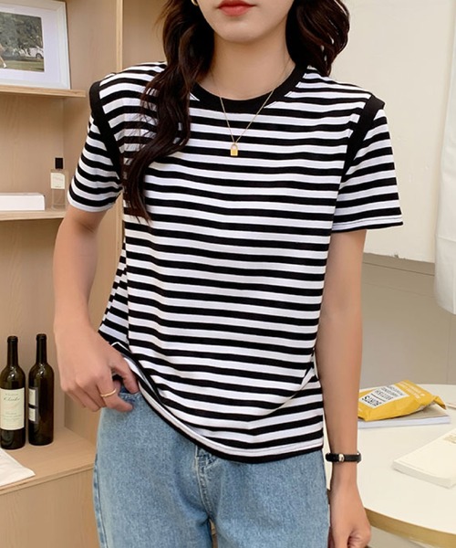 2ly2(トゥーリートゥー)の「ボーダーTシャツ レディース 半袖 ゆったり カットソー シンプル(Tシャツ/カットソー・レディース・ブラック/パープル・FREE)」の20枚目の写真