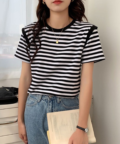 2ly2(トゥーリートゥー)の「ボーダーTシャツ レディース 半袖 ゆったり カットソー シンプル(Tシャツ/カットソー・レディース・ブラック/パープル・FREE)」の12枚目の写真