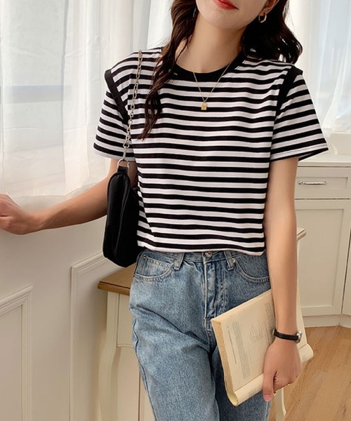 2ly2(トゥーリートゥー)の「ボーダーTシャツ レディース 半袖 ゆったり カットソー シンプル(Tシャツ/カットソー・レディース・ブラック/パープル・FREE)」の13枚目の写真