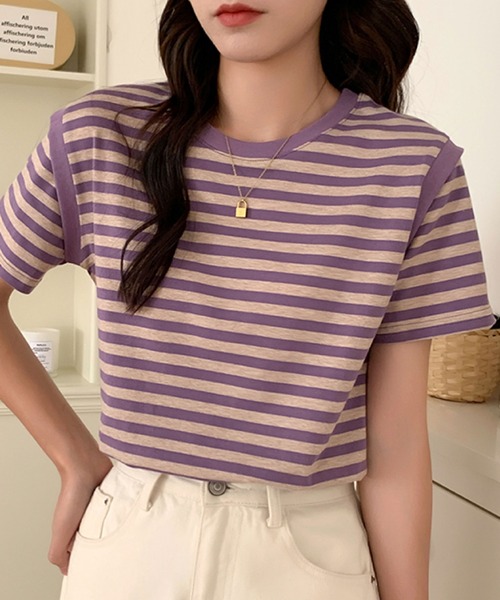 2ly2(トゥーリートゥー)の「ボーダーTシャツ レディース 半袖 ゆったり カットソー シンプル(Tシャツ/カットソー・レディース・ブラック/パープル・FREE)」の14枚目の写真