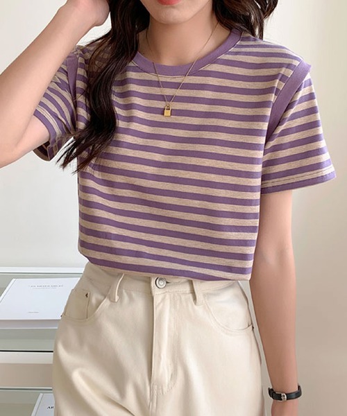 2ly2(トゥーリートゥー)の「ボーダーTシャツ レディース 半袖 ゆったり カットソー シンプル(Tシャツ/カットソー・レディース・ブラック/パープル・FREE)」の16枚目の写真