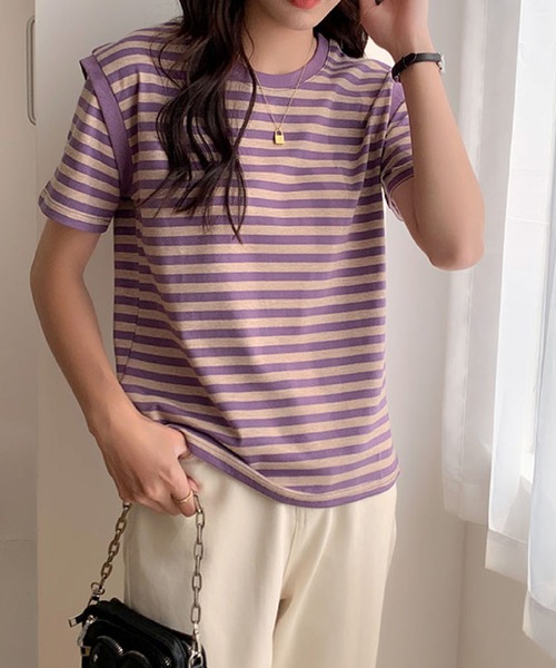 2ly2(トゥーリートゥー)の「ボーダーTシャツ レディース 半袖 ゆったり カットソー シンプル(Tシャツ/カットソー・レディース・ブラック/パープル・FREE)」の5枚目の写真