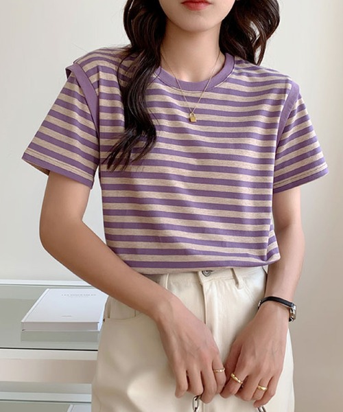 2ly2(トゥーリートゥー)の「ボーダーTシャツ レディース 半袖 ゆったり カットソー シンプル(Tシャツ/カットソー・レディース・ブラック/パープル・FREE)」の6枚目の写真