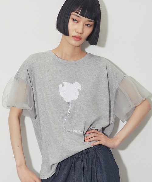 ANOTHER S(アナザーエス)の「フラワー刺繍&チュールスリーブT(Tシャツ/カットソー・レディース・グレー/ホワイト/ブラック・FREE)」の3枚目の写真