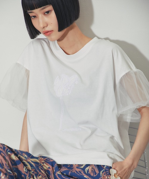 ANOTHER S(アナザーエス)の「フラワー刺繍&チュールスリーブT(Tシャツ/カットソー・レディース・グレー/ホワイト/ブラック・FREE)」の1枚目の写真