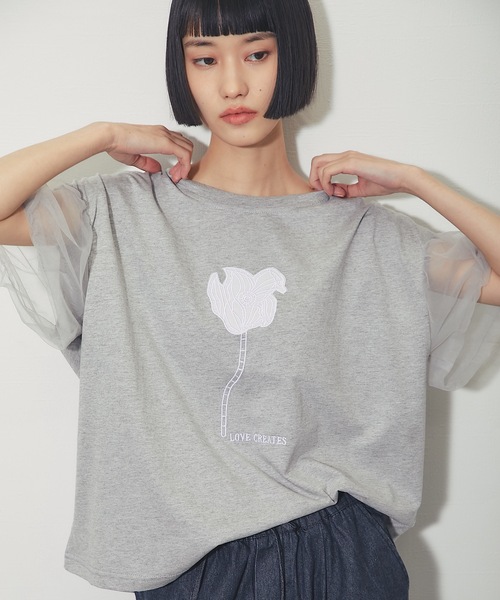 ANOTHER S(アナザーエス)の「フラワー刺繍&チュールスリーブT(Tシャツ/カットソー・レディース・グレー/ホワイト/ブラック・FREE)」の18枚目の写真