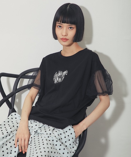 ANOTHER S(アナザーエス)の「フラワー刺繍&チュールスリーブT(Tシャツ/カットソー・レディース・グレー/ホワイト/ブラック・FREE)」の4枚目の写真