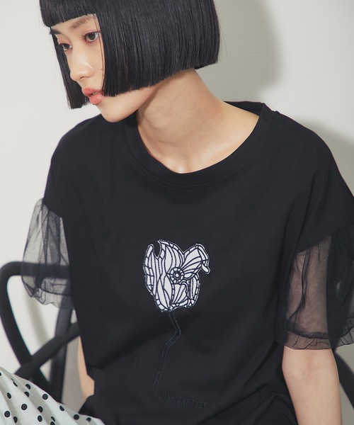 ANOTHER S(アナザーエス)の「フラワー刺繍&チュールスリーブT(Tシャツ/カットソー・レディース・グレー/ホワイト/ブラック・FREE)」の8枚目の写真